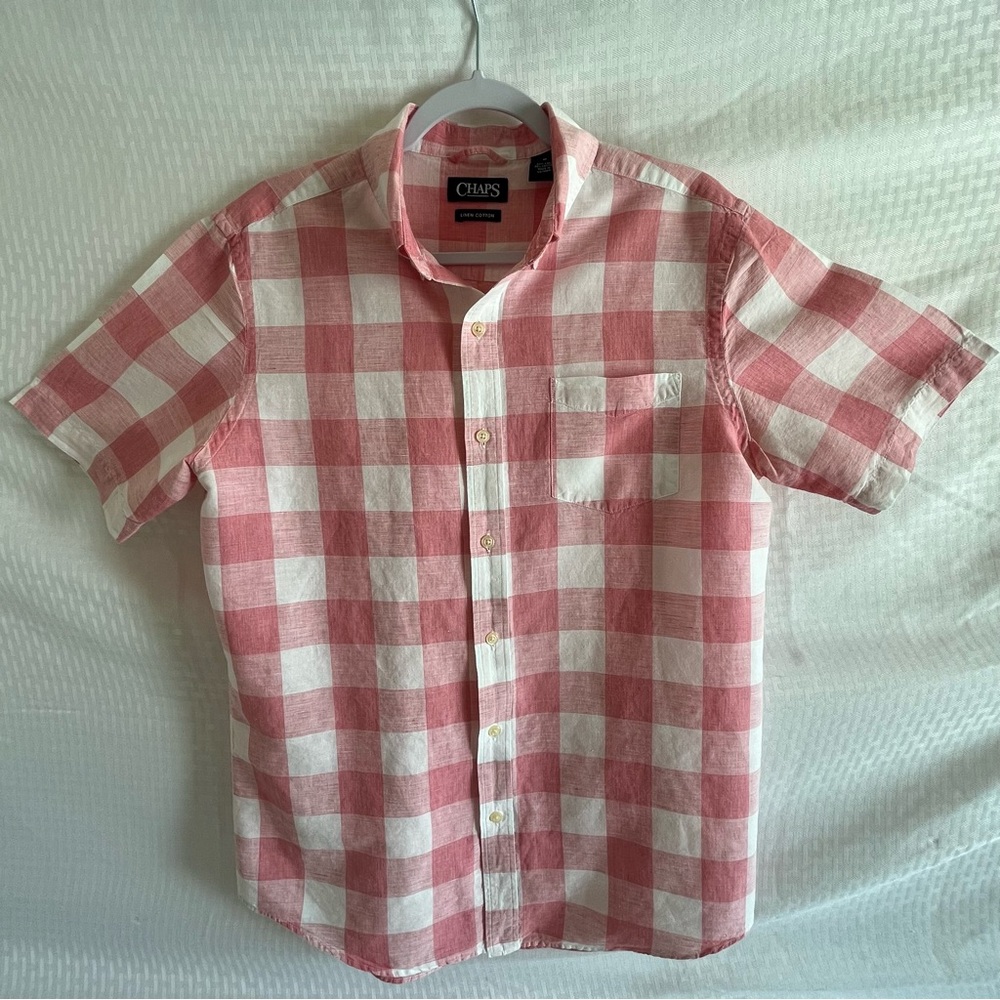 CHAPS Linen Cotton Short Sleeve Button Down Shirt Pink And White Checked Size M